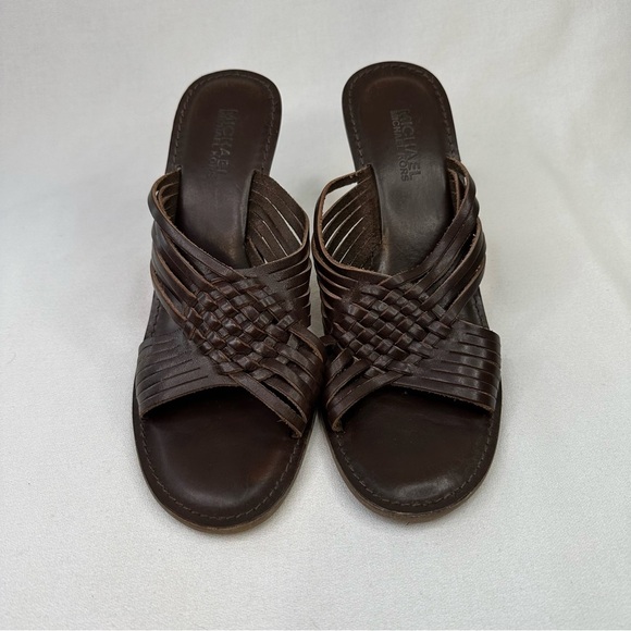 𝅺MICHAEL Michael Kors Brown Woven Leather Wedge Open Toe Sandal 9 - Picture 2 of 12